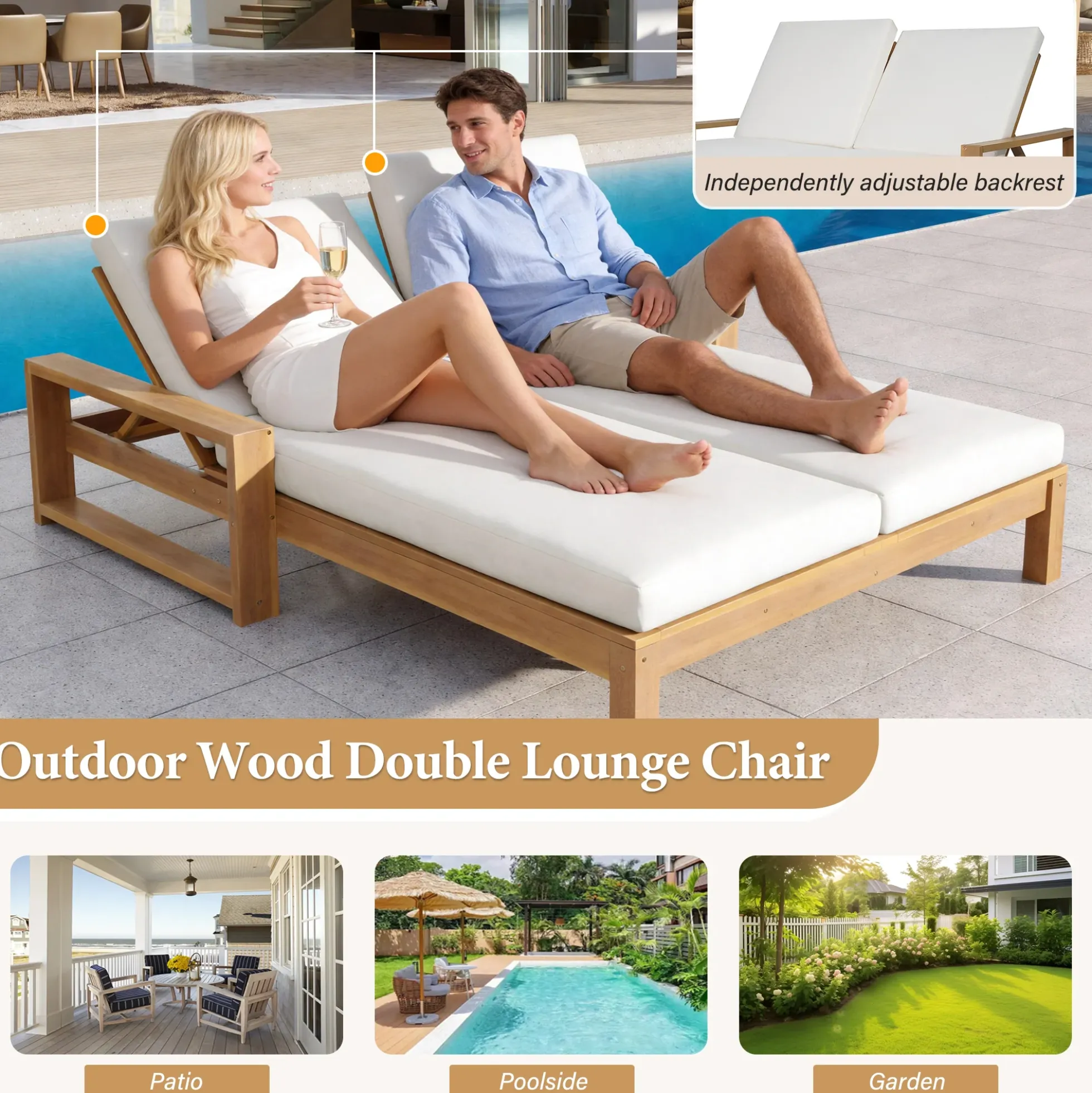 Outdoor Wide Double Lounge Chair with Adjustable Backrest with Removable Cushions