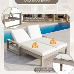 Outdoor Wide Double Lounge Chair with Adjustable Backrest with Removable Cushions