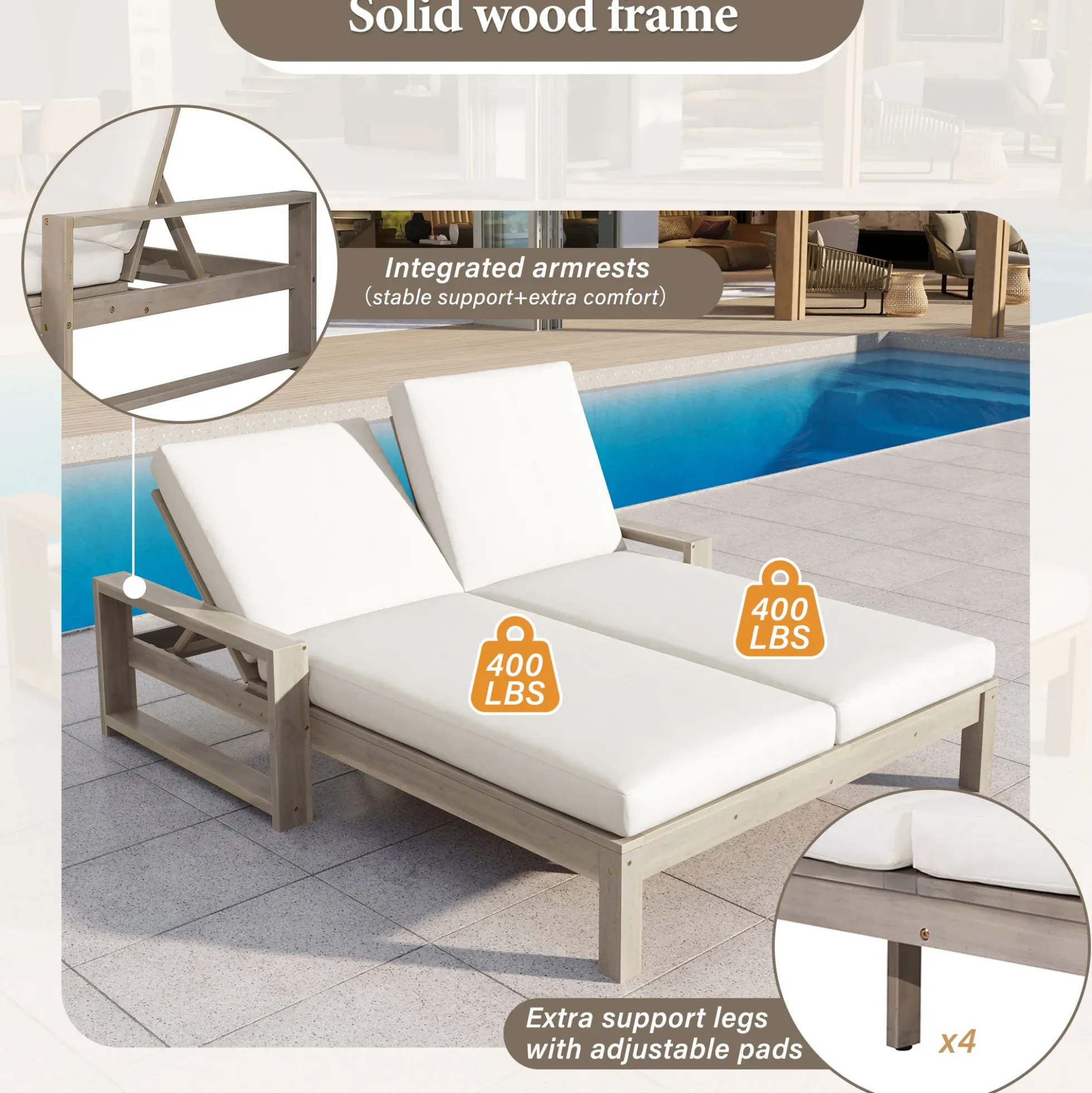 Outdoor Wide Double Lounge Chair with Adjustable Backrest with Removable Cushions