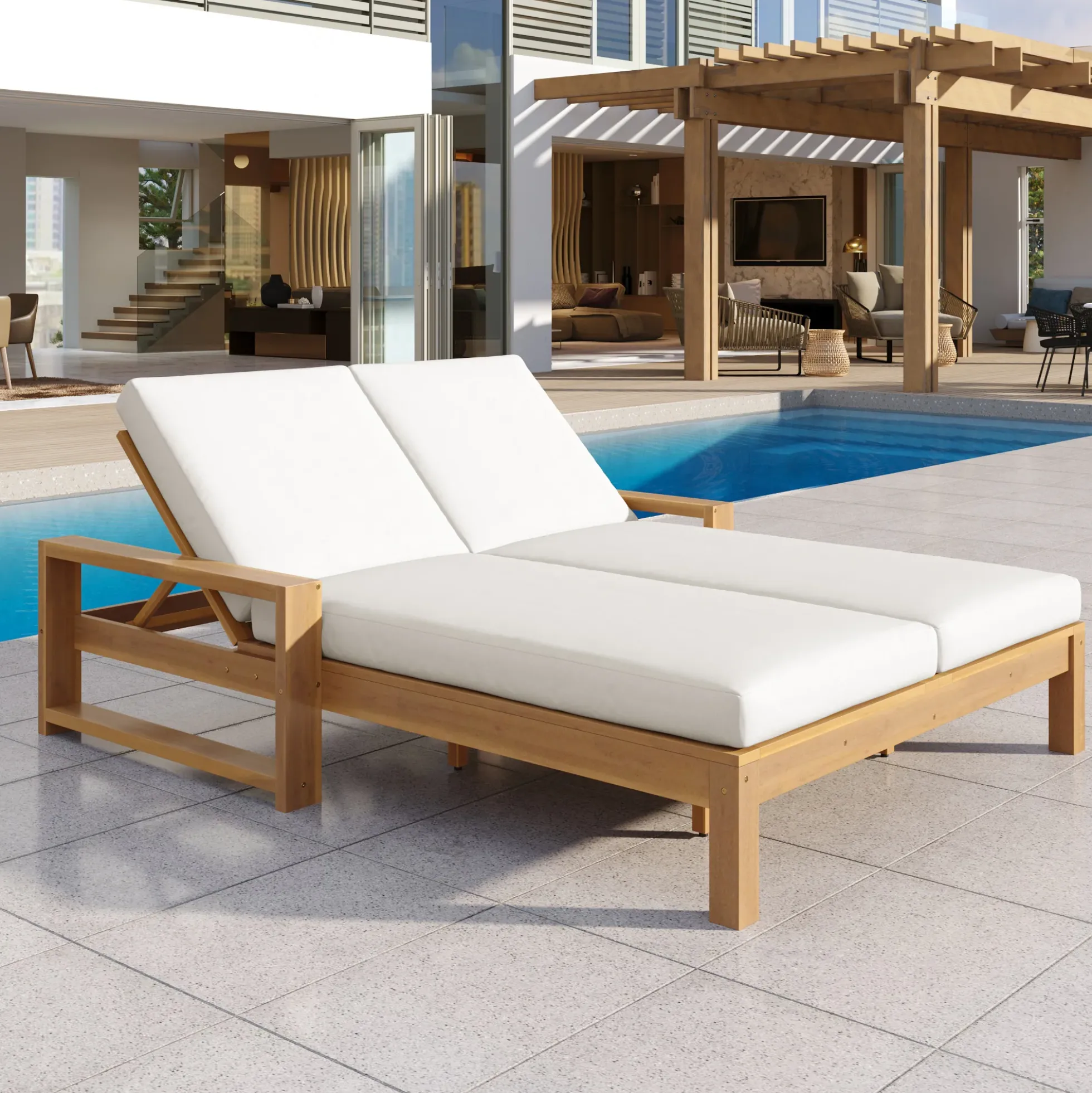 Outdoor Wide Double Lounge Chair with Adjustable Backrest with Removable Cushions