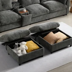 Oversized Chenille Modular Sectional Sofa with Console and Two Storage Ottomans