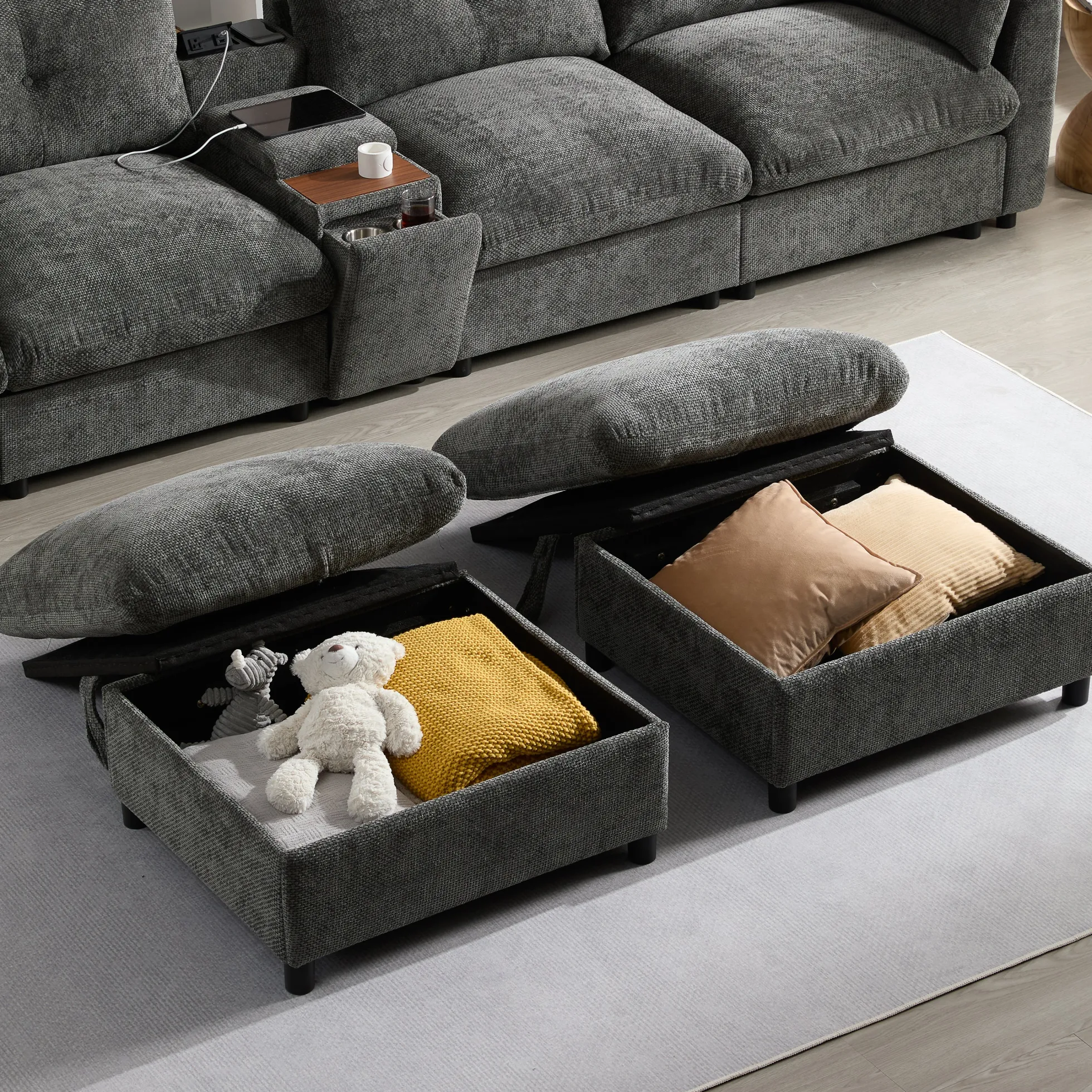 Oversized Chenille Modular Sectional Sofa with Console and Two Storage Ottomans
