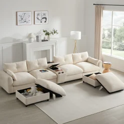 Oversized Chenille Modular Sectional Sofa with Console and Two Storage Ottomans