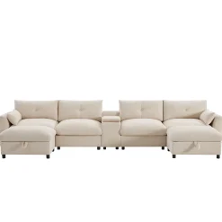 Oversized Chenille Modular Sectional Sofa with Console and Two Storage Ottomans