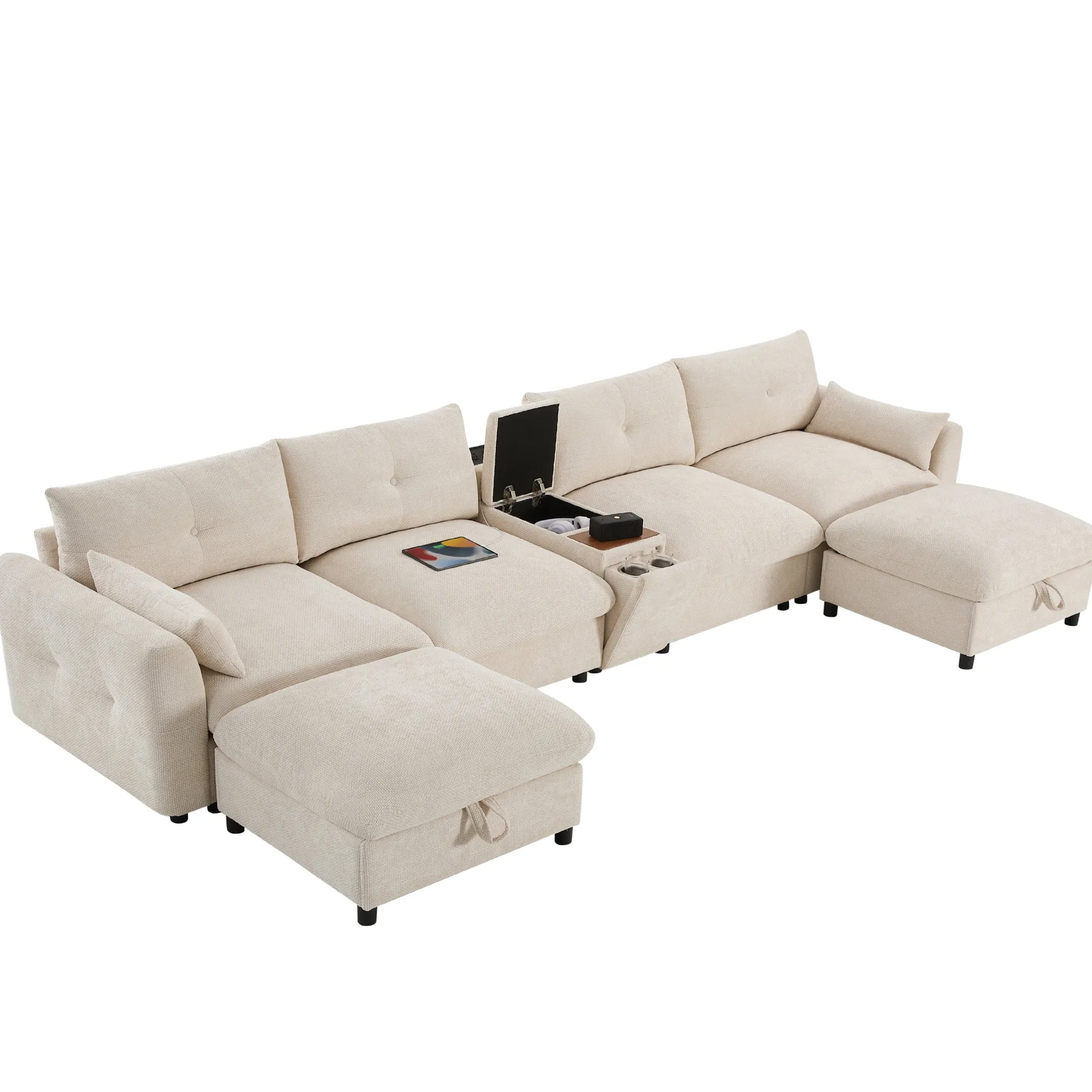 Oversized Chenille Modular Sectional Sofa with Console and Two Storage Ottomans