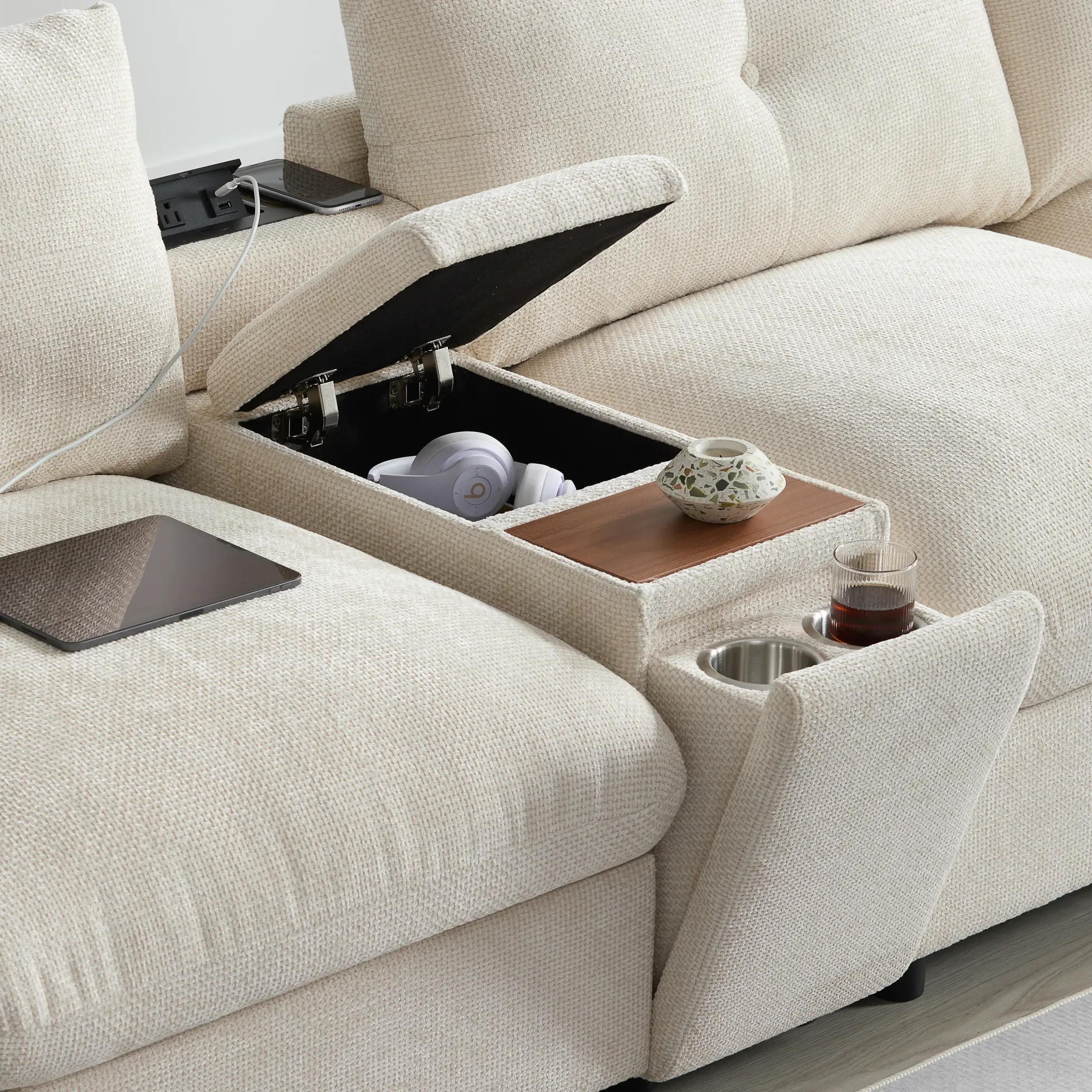 Oversized Chenille Modular Sectional Sofa with Console and Two Storage Ottomans