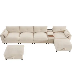 Oversized Chenille Modular Sectional Sofa with Console and Two Storage Ottomans