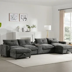 Oversized Chenille Modular Sectional Sofa with Console and Two Storage Ottomans