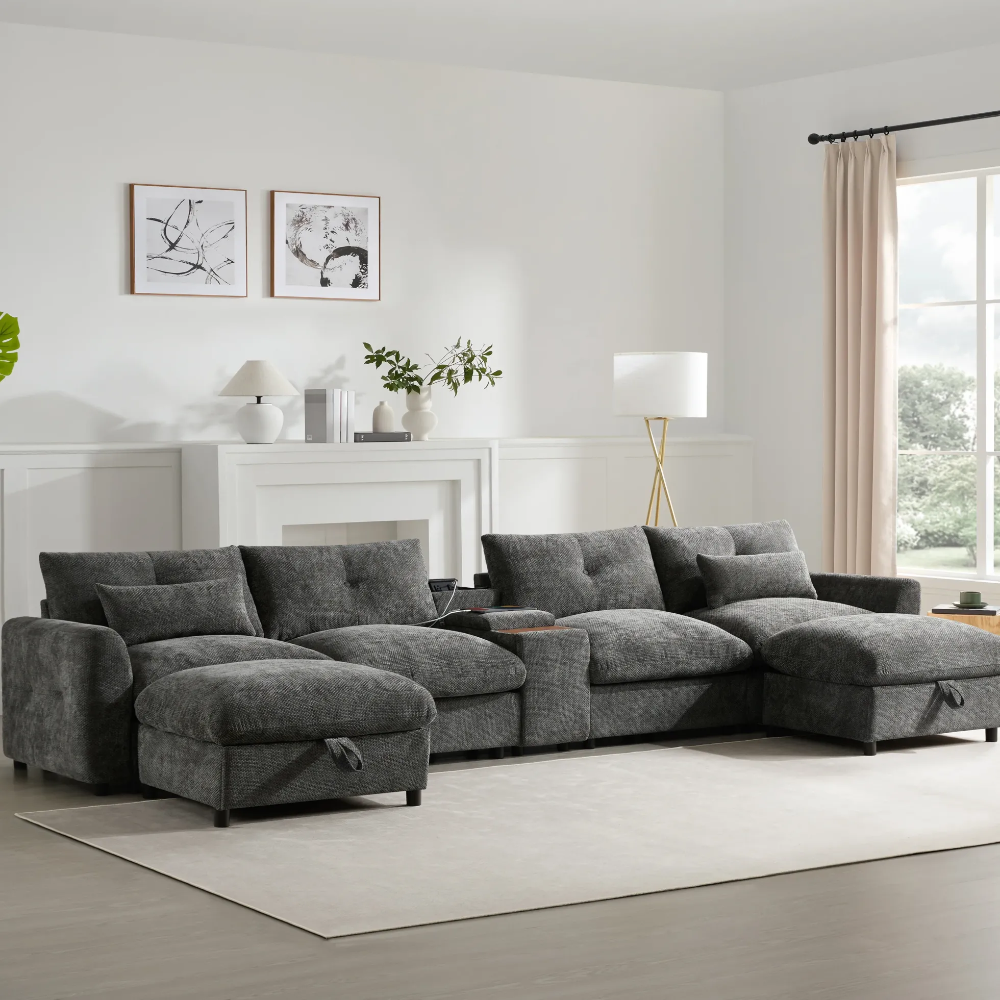 Oversized Chenille Modular Sectional Sofa with Console and Two Storage Ottomans
