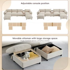 Oversized Chenille Modular Sectional Sofa with Console and Two Storage Ottomans