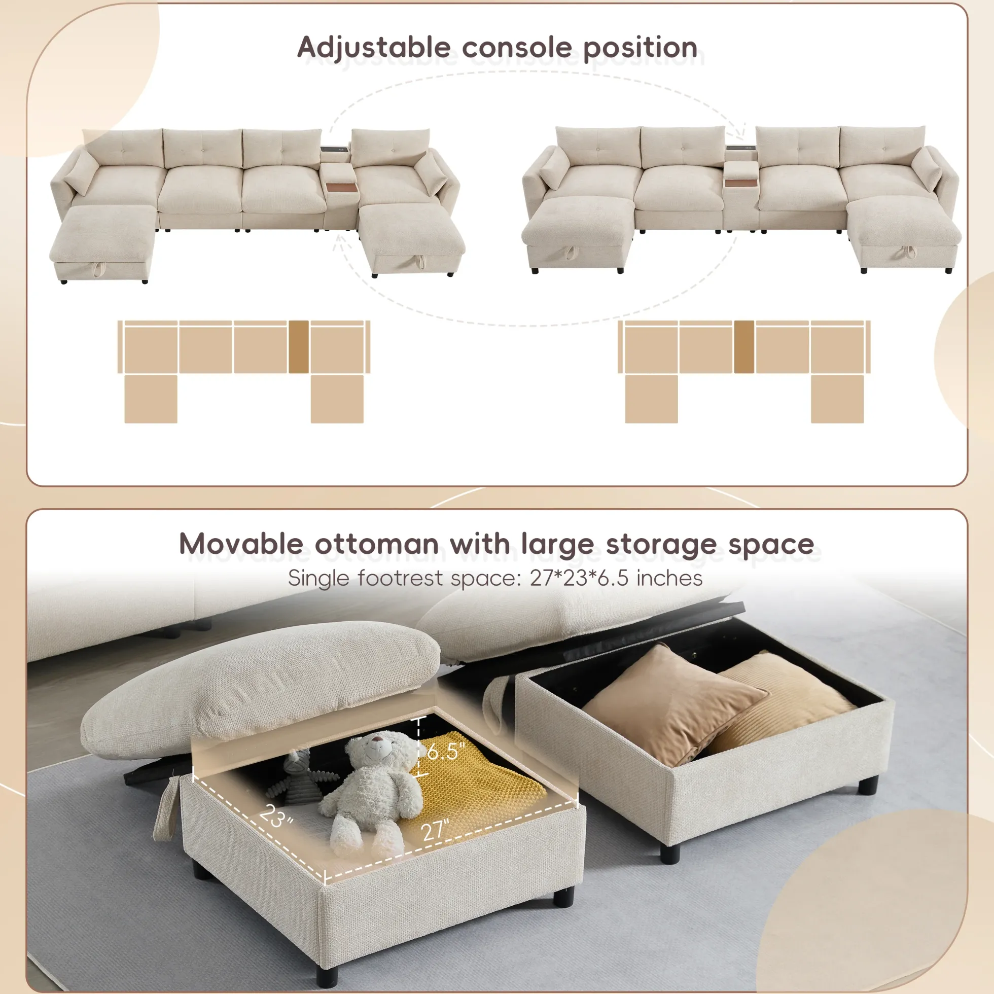 Oversized Chenille Modular Sectional Sofa with Console and Two Storage Ottomans