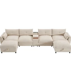 Oversized Chenille Modular Sectional Sofa with Console and Two Storage Ottomans