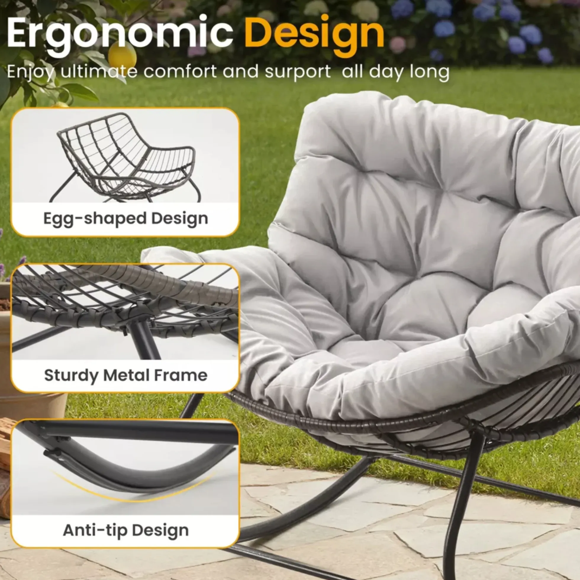 Papasan Egg Rocking Chair with Ottoman with All-Weather Cushions
