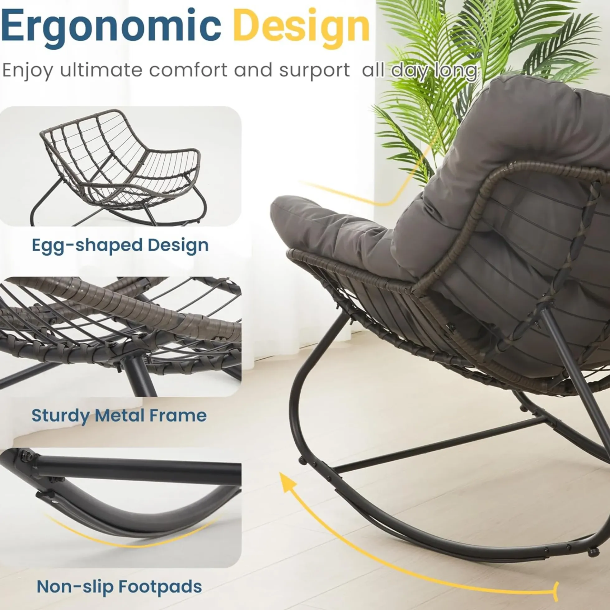Papassan Egg Rocking Chair with Ottoman and Plush Cushions for Indoor/Outdoor Use