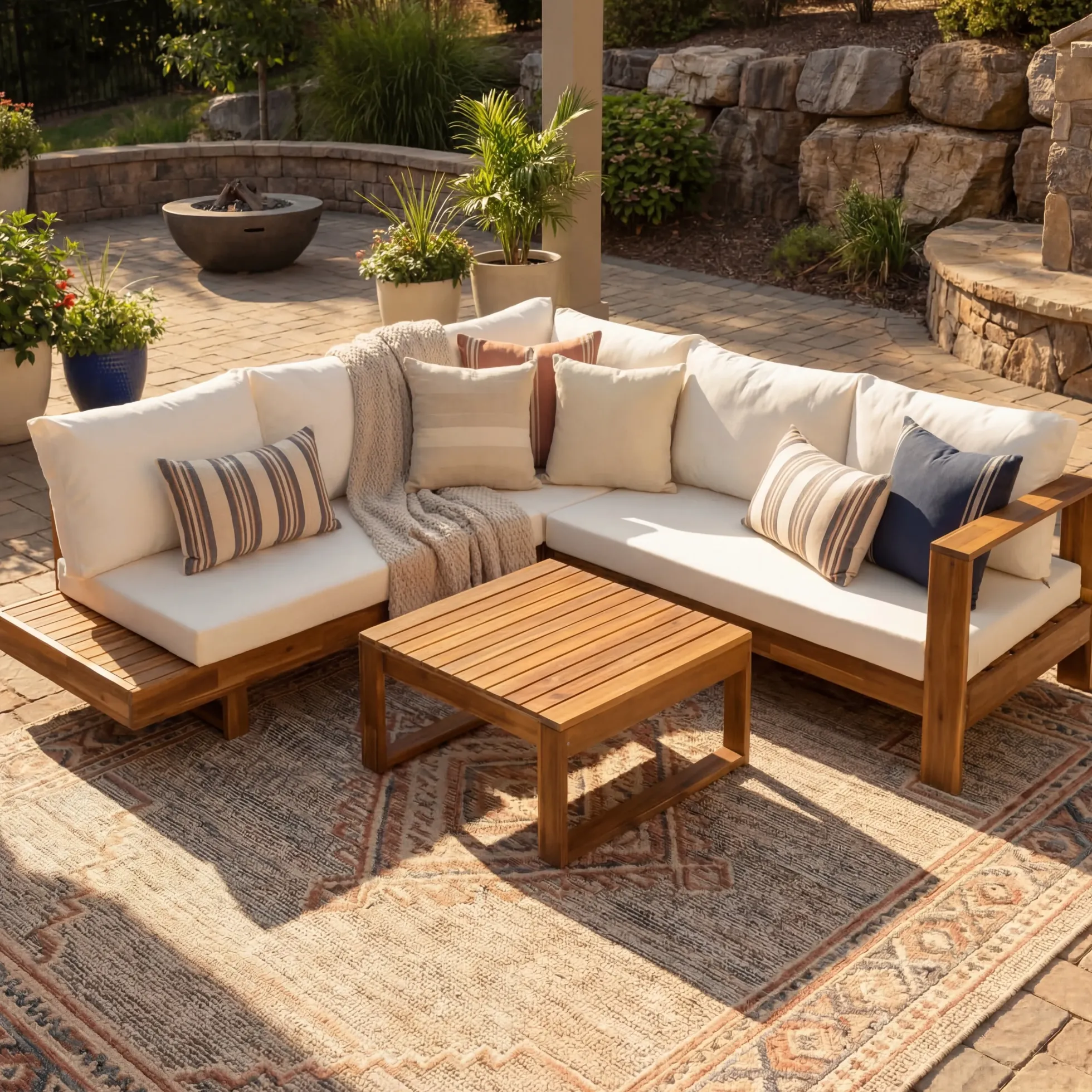 4pc Outdoor Teak Wood Sectional Patio Sofa Set w Table