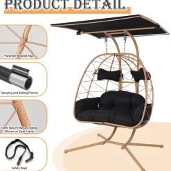 2-Person Wicker Hanging Egg Chair with Adjustable Canopy for Outdoor & Indoor