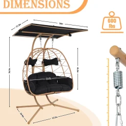 2-Person Wicker Hanging Egg Chair with Adjustable Canopy for Outdoor & Indoor