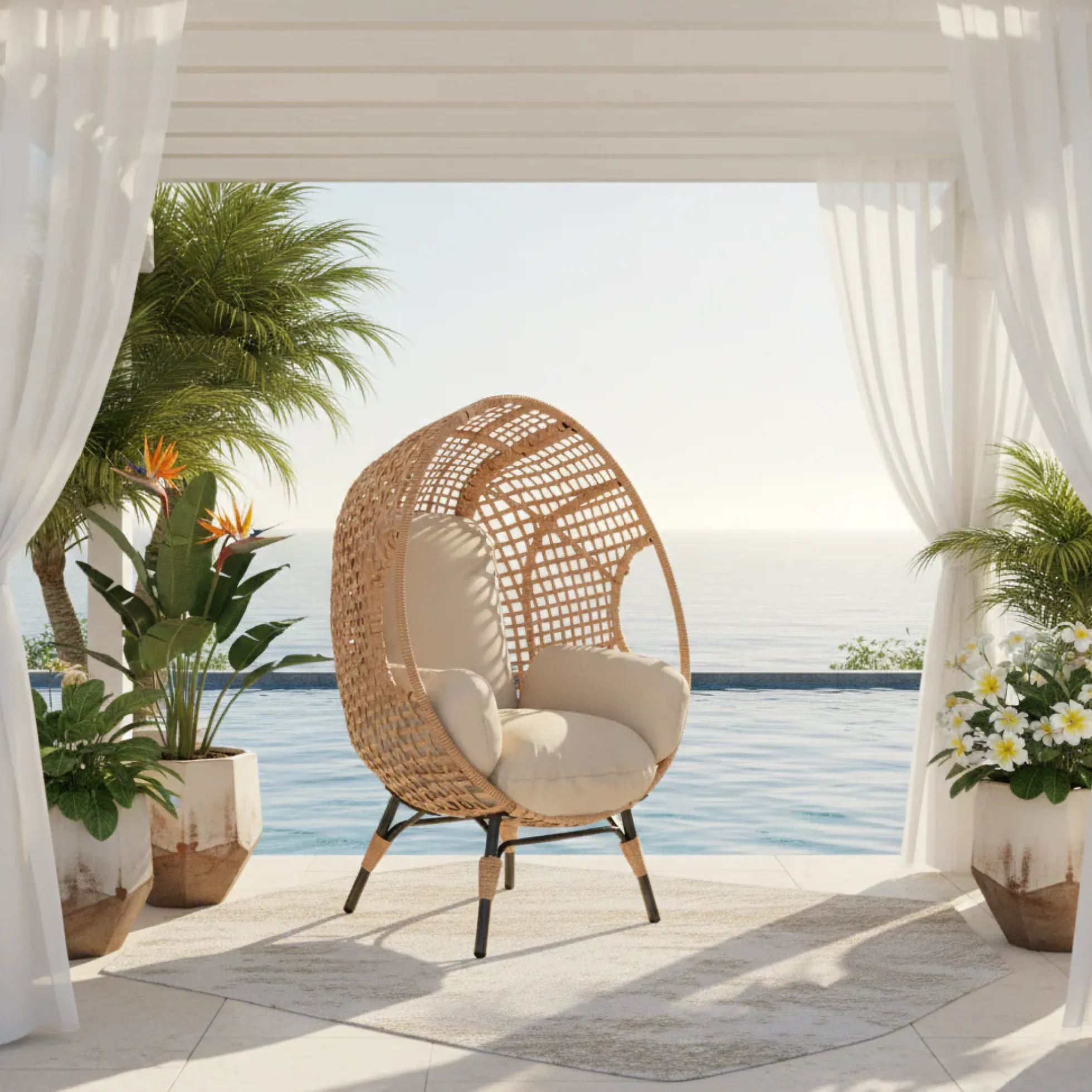 Rattan Outdoor Indoor Elegant Arc Back Hanging Egg Chair