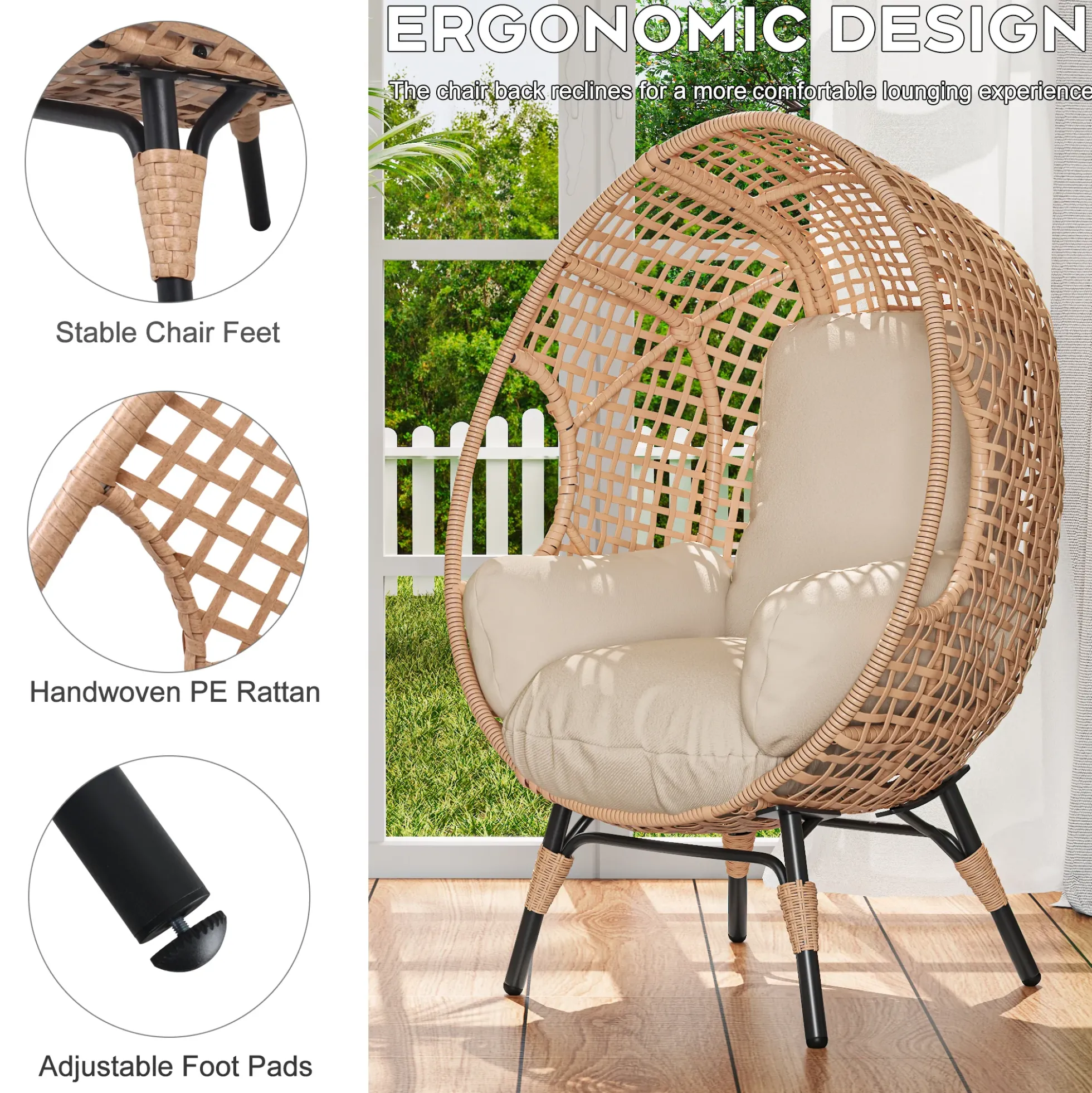 Rattan Outdoor Indoor Elegant Arc Back Hanging Egg Chair