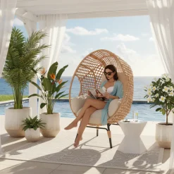 Rattan Outdoor Indoor Elegant Arc Back Hanging Egg Chair