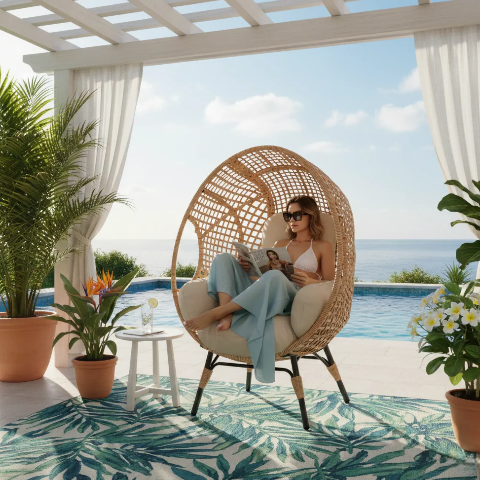 Rattan Outdoor Indoor Elegant Arc Back Hanging Egg Chair