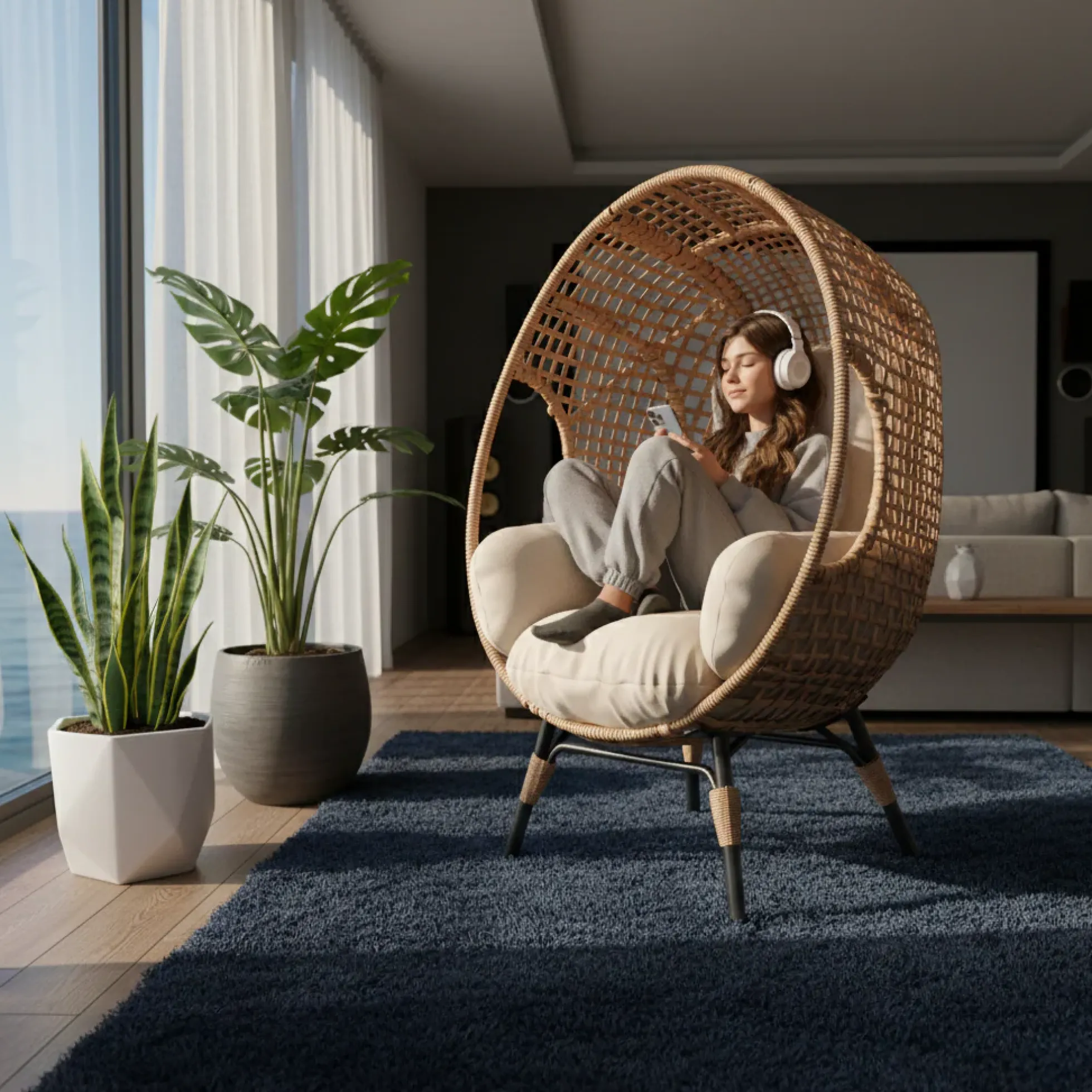 Rattan Outdoor Indoor Elegant Arc Back Hanging Egg Chair