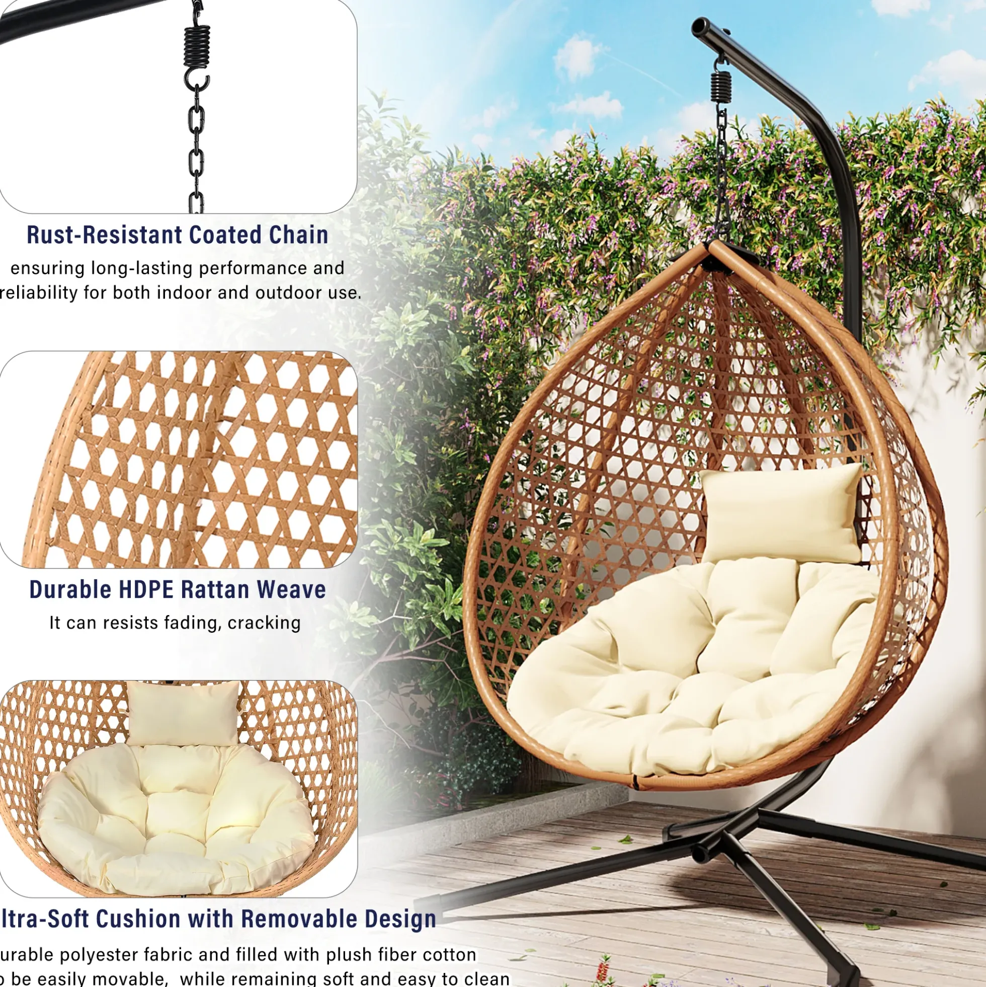 Rattan Weaving Hanging Egg Chair with Stand and Soft Removable Cushion