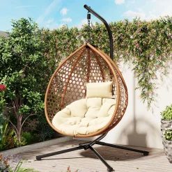 Rattan Weaving Hanging Egg Chair with Stand and Soft Removable Cushion
