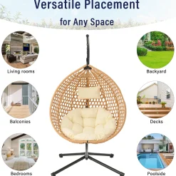 Rattan Weaving Hanging Egg Chair with Stand and Soft Removable Cushion