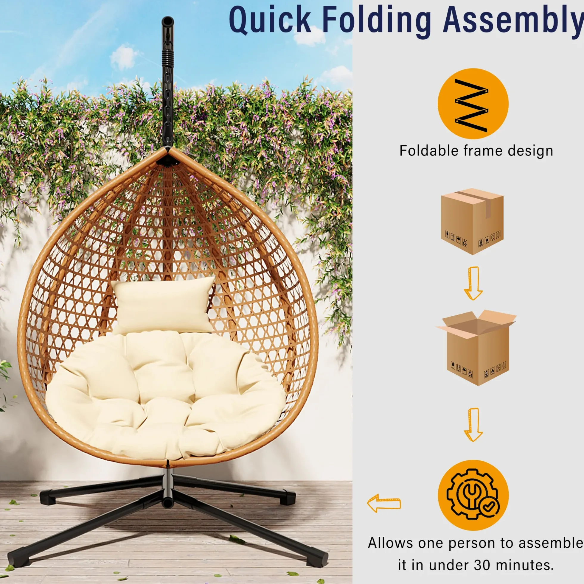 Rattan Weaving Hanging Egg Chair with Stand and Soft Removable Cushion