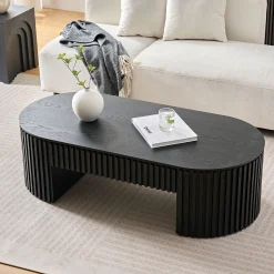 Reeded Black Oval Wood Coffee Table With Drawer