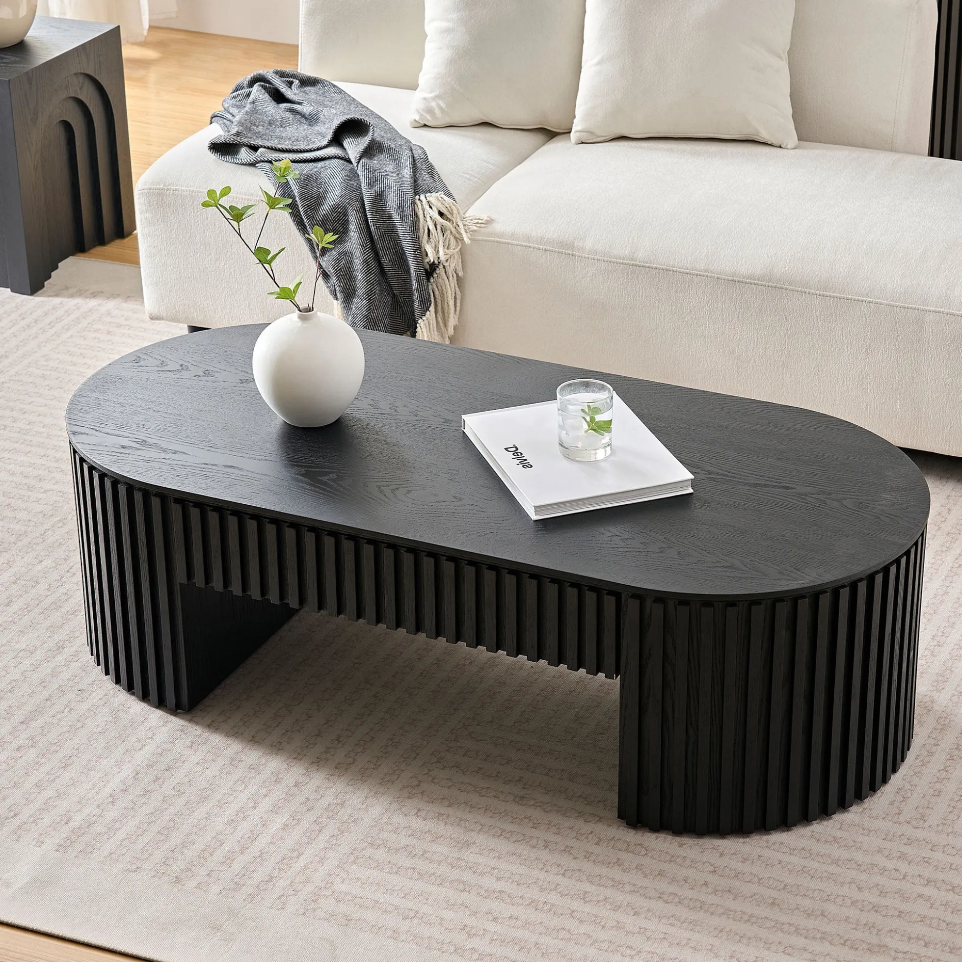 Reeded Black Oval Wood Coffee Table With Drawer