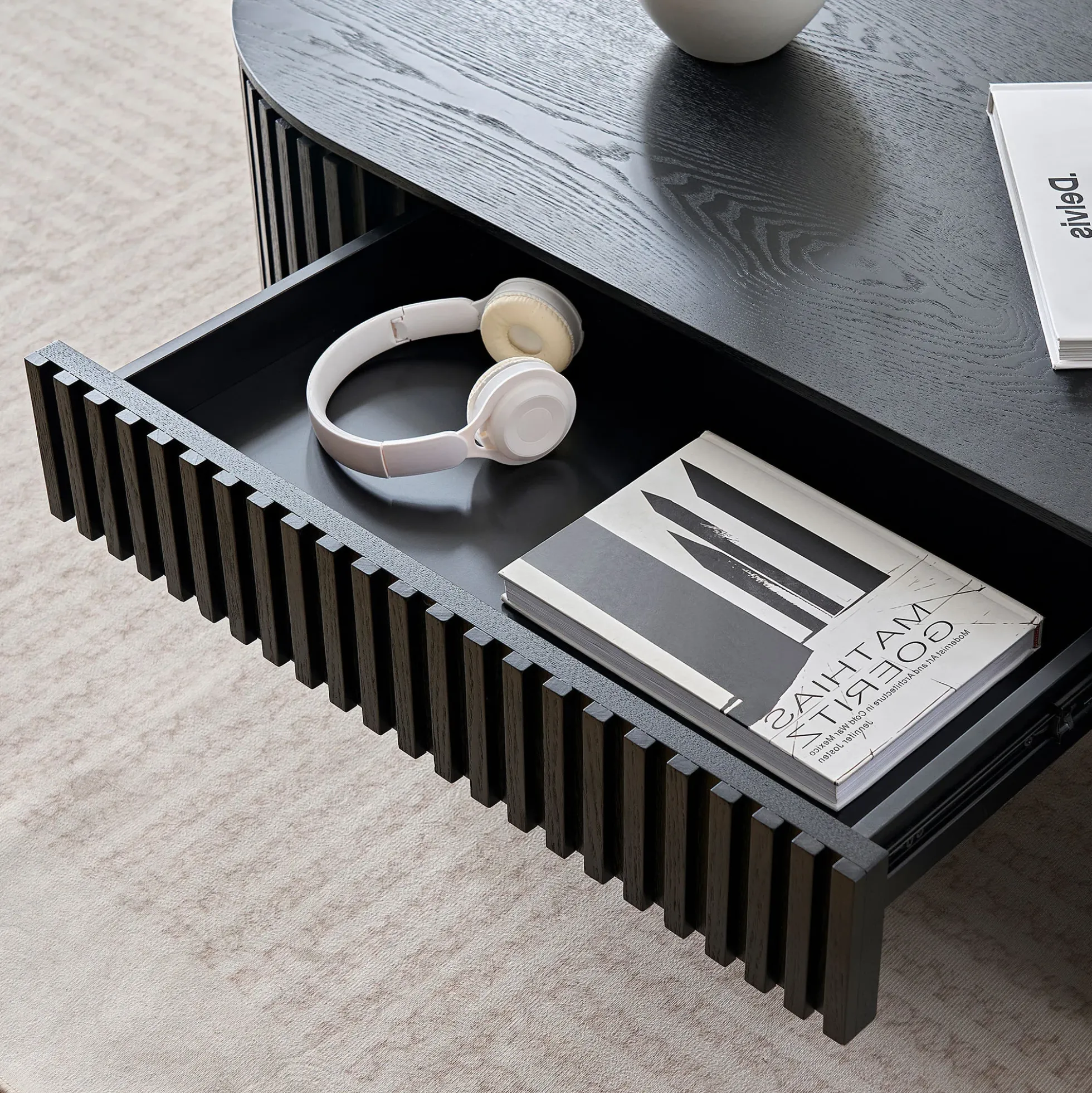 Reeded Black Oval Wood Coffee Table With Drawer