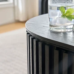 Reeded Black Oval Wood Coffee Table With Drawer