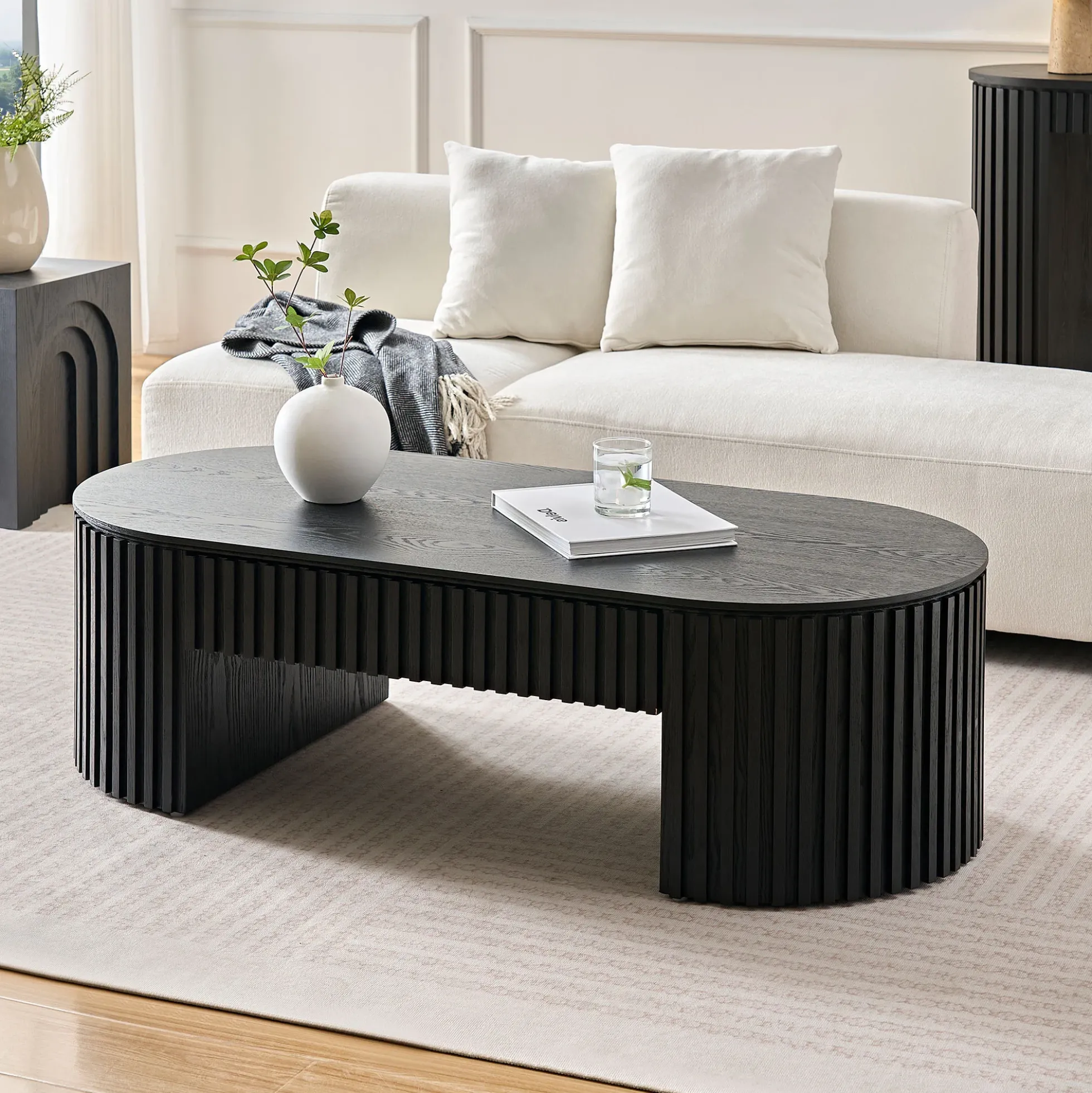 Reeded Black Oval Wood Coffee Table With Drawer