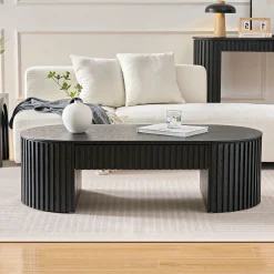 Reeded Black Oval Wood Coffee Table With Drawer