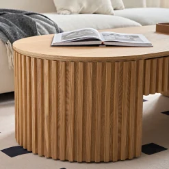 Reeded Oval Wood Coffee Table With Drawer