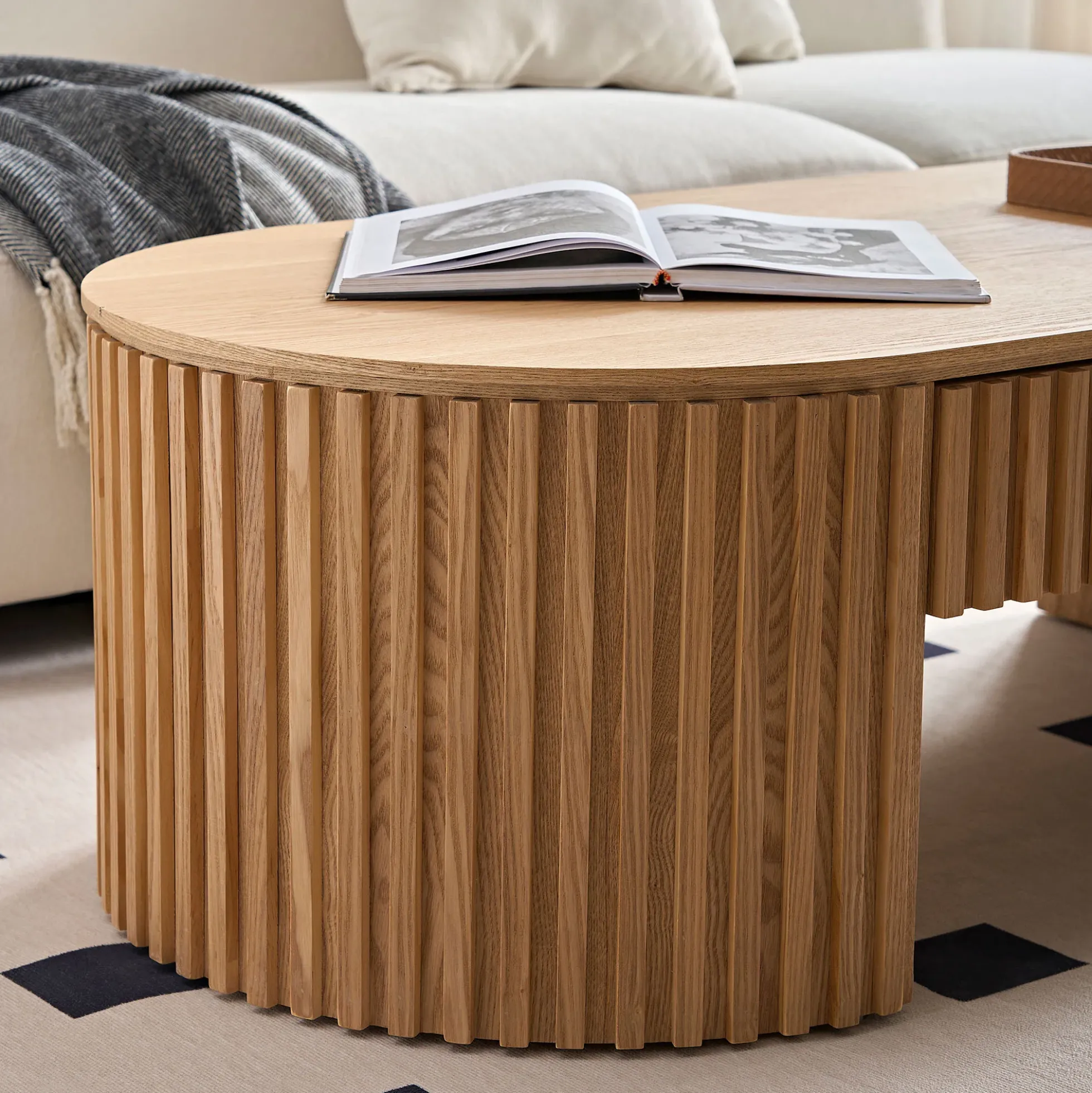Reeded Oval Wood Coffee Table With Drawer
