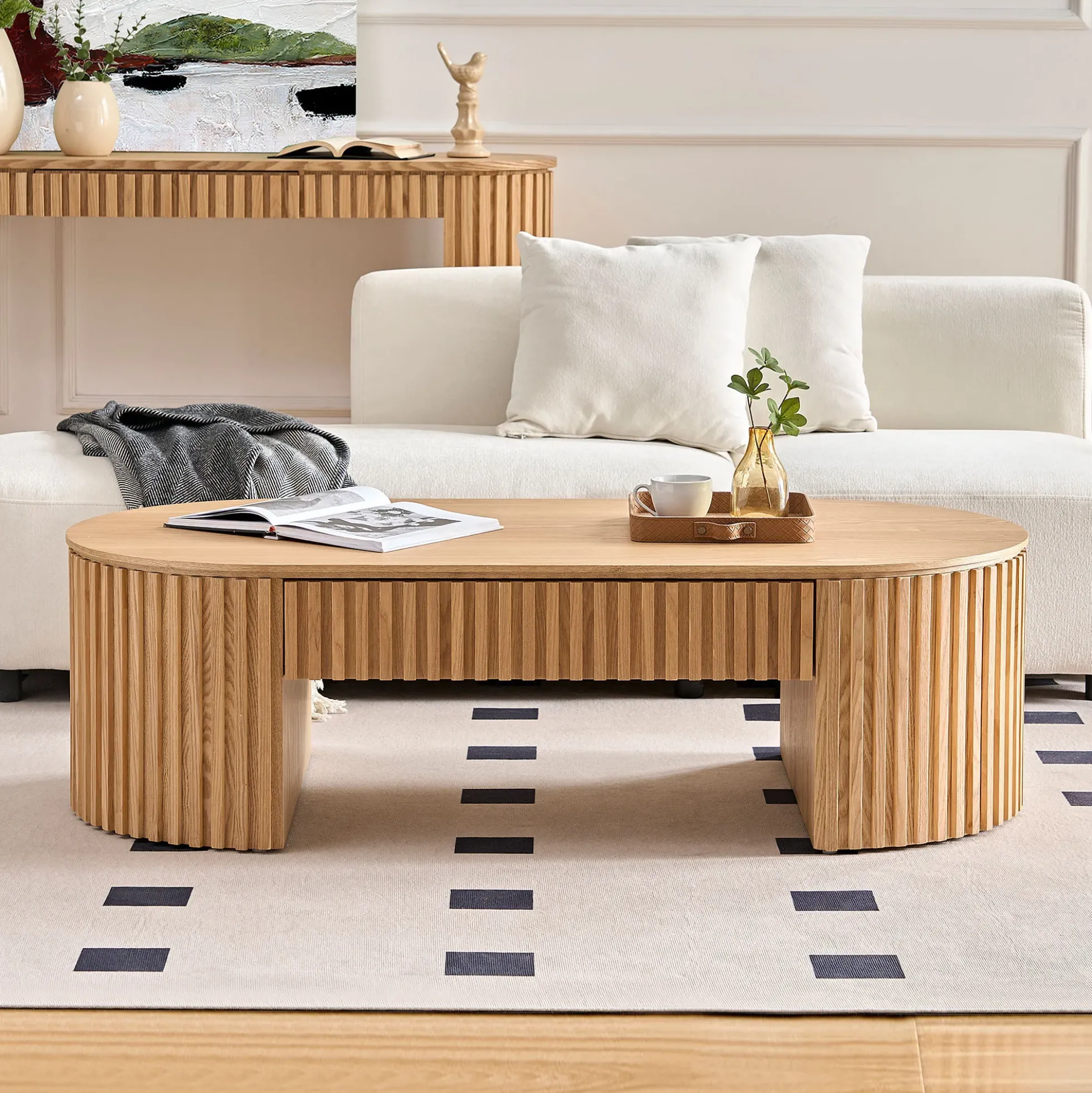 Reeded Oval Wood Coffee Table With Drawer
