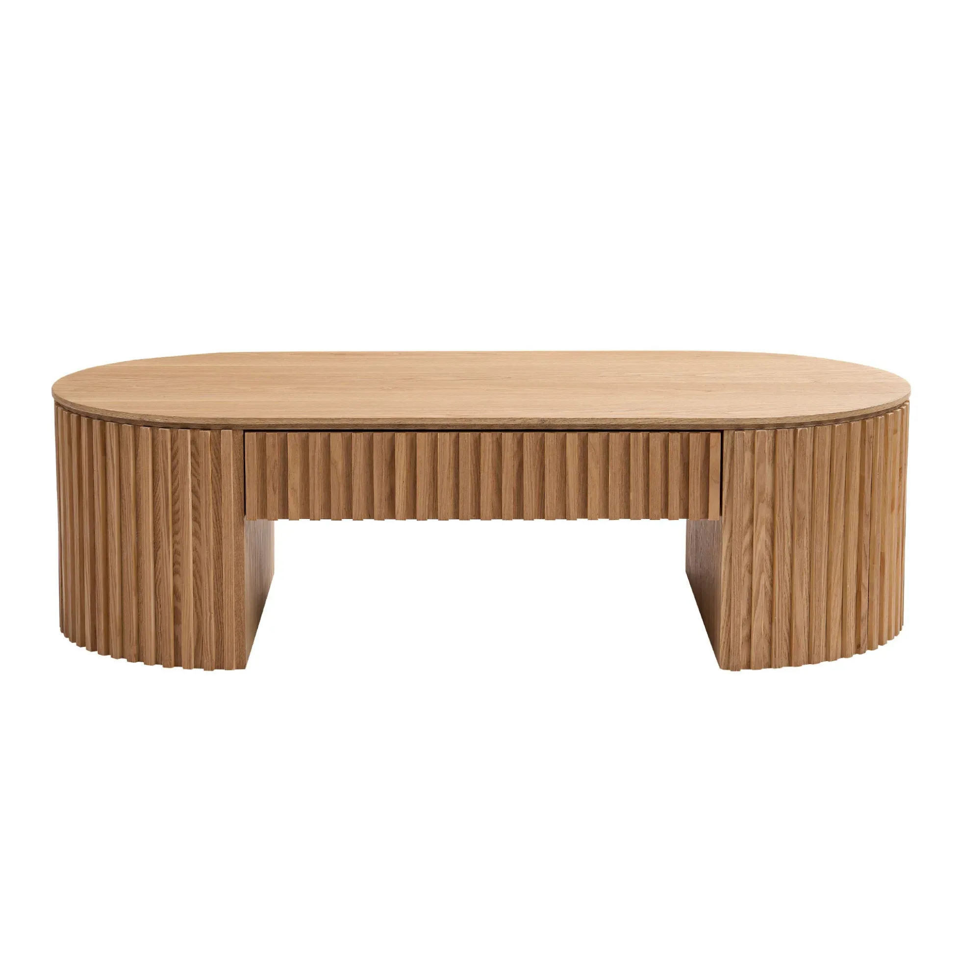 Reeded Oval Wood Coffee Table With Drawer