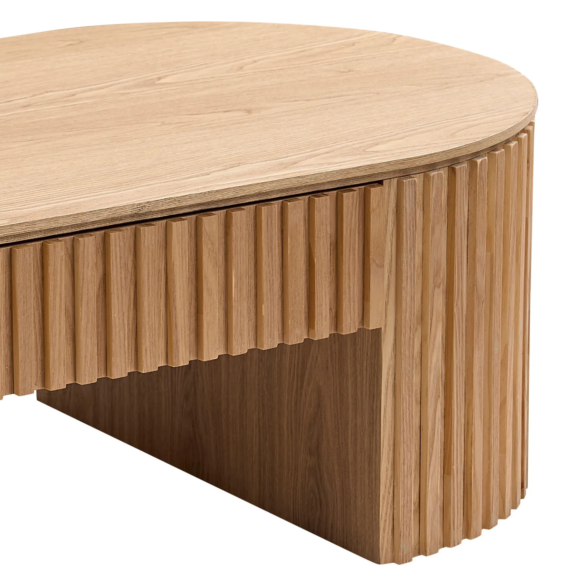 Reeded Oval Wood Coffee Table With Drawer
