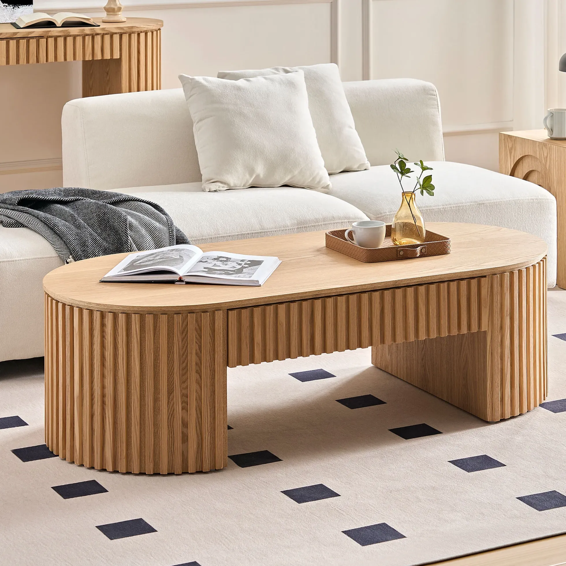 Reeded Oval Wood Coffee Table With Drawer