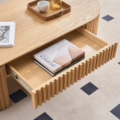 Reeded Oval Wood Coffee Table With Drawer