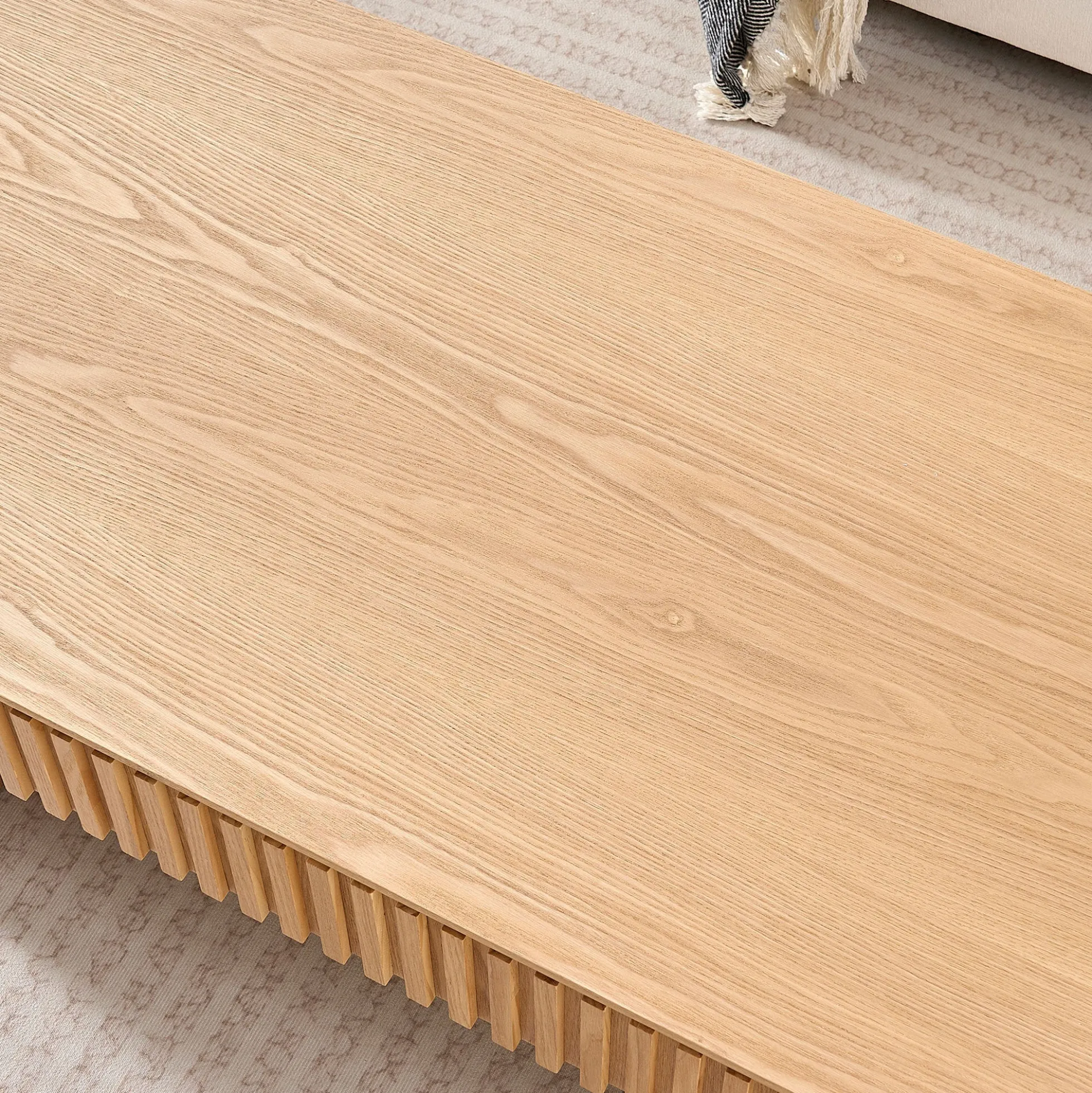 Reeded Oval Wood Coffee Table With Drawer