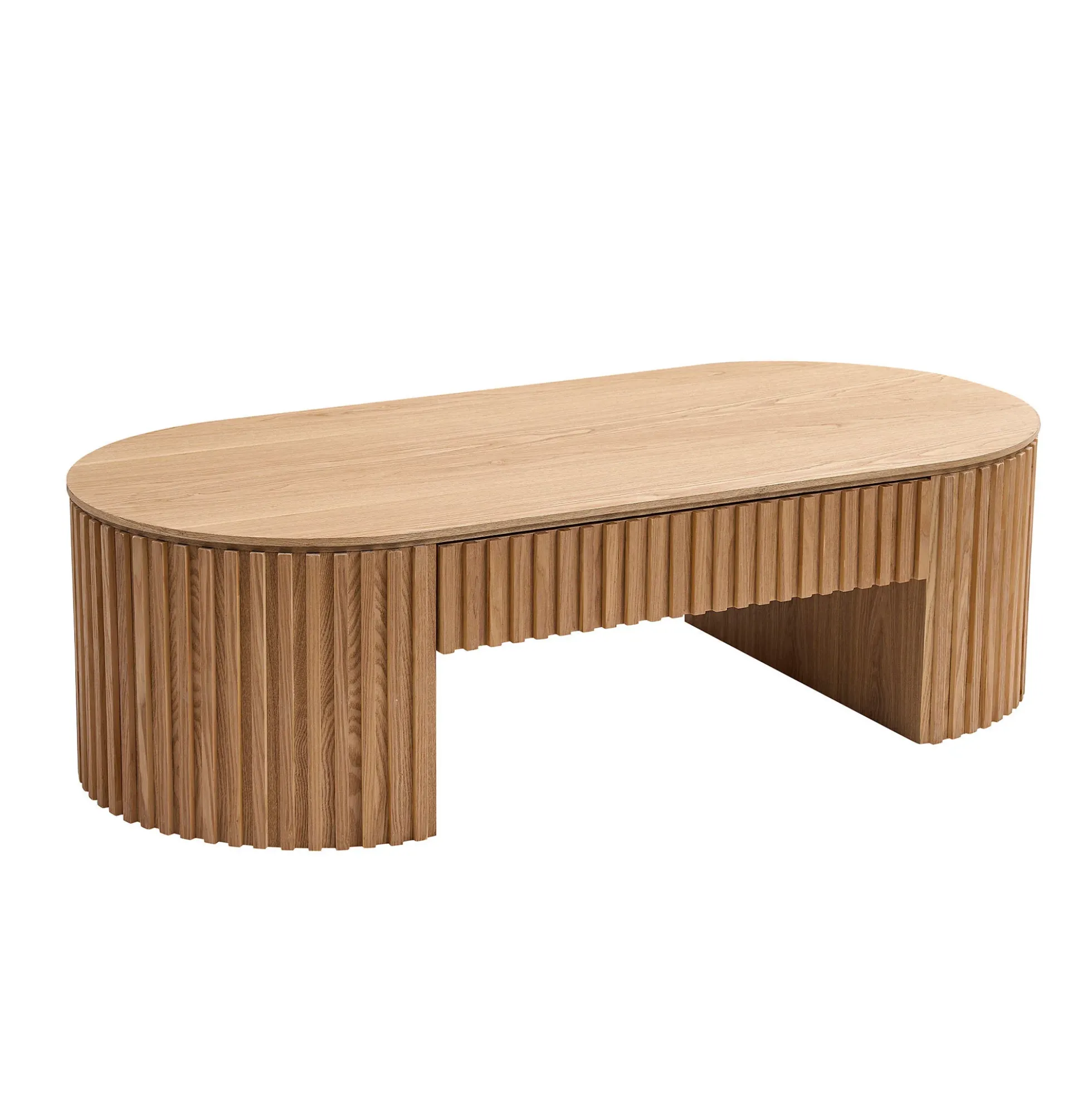 Reeded Oval Wood Coffee Table With Drawer