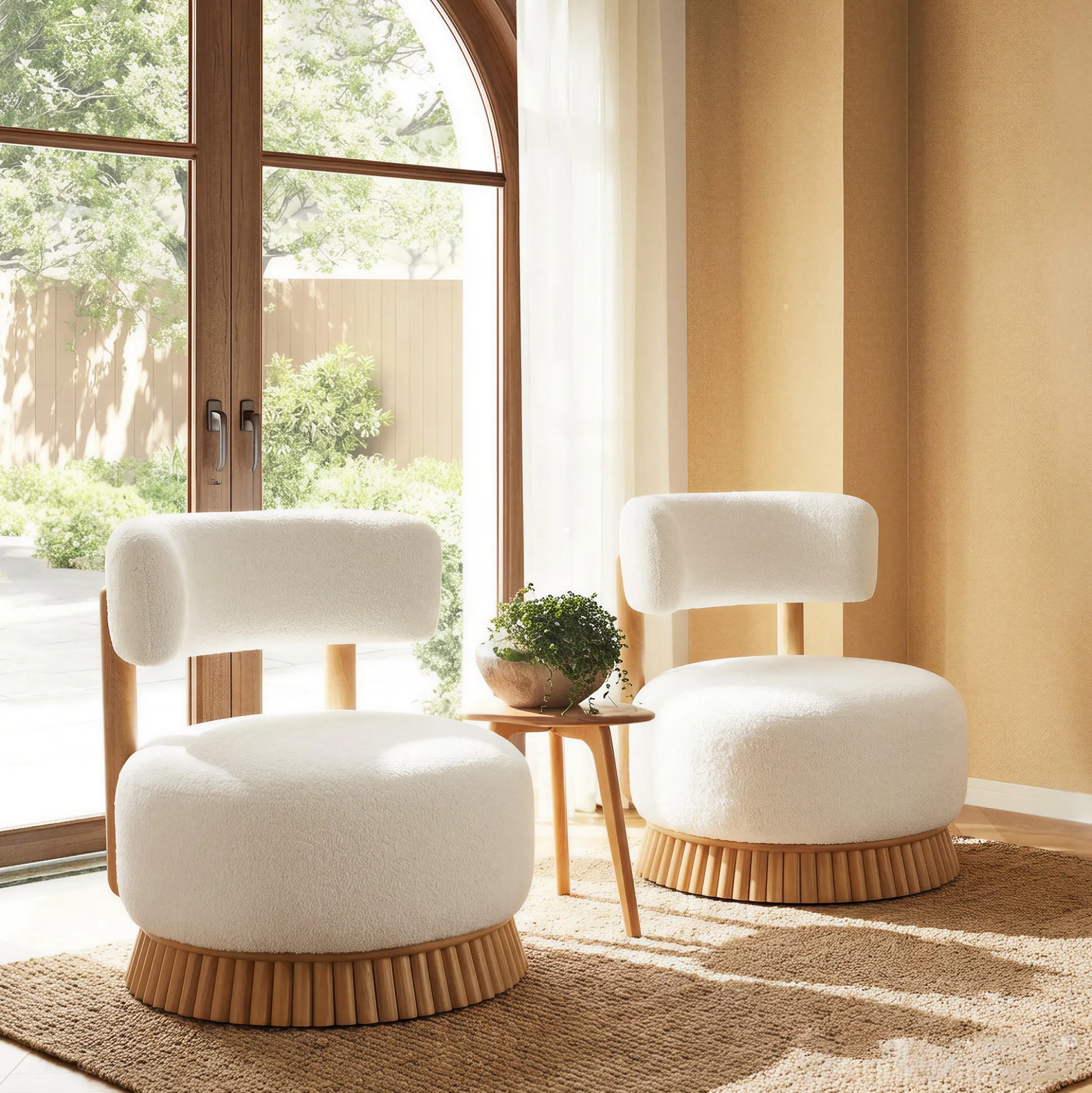 Reeded Wooden Base Curve Boucle Accent Chair Set of 2