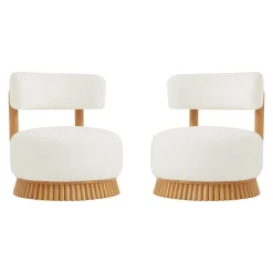 Reeded Wooden Base Curve Boucle Accent Chair Set of 2