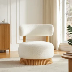 Reeded Wooden Base Curve Boucle Accent Chair Set of 2
