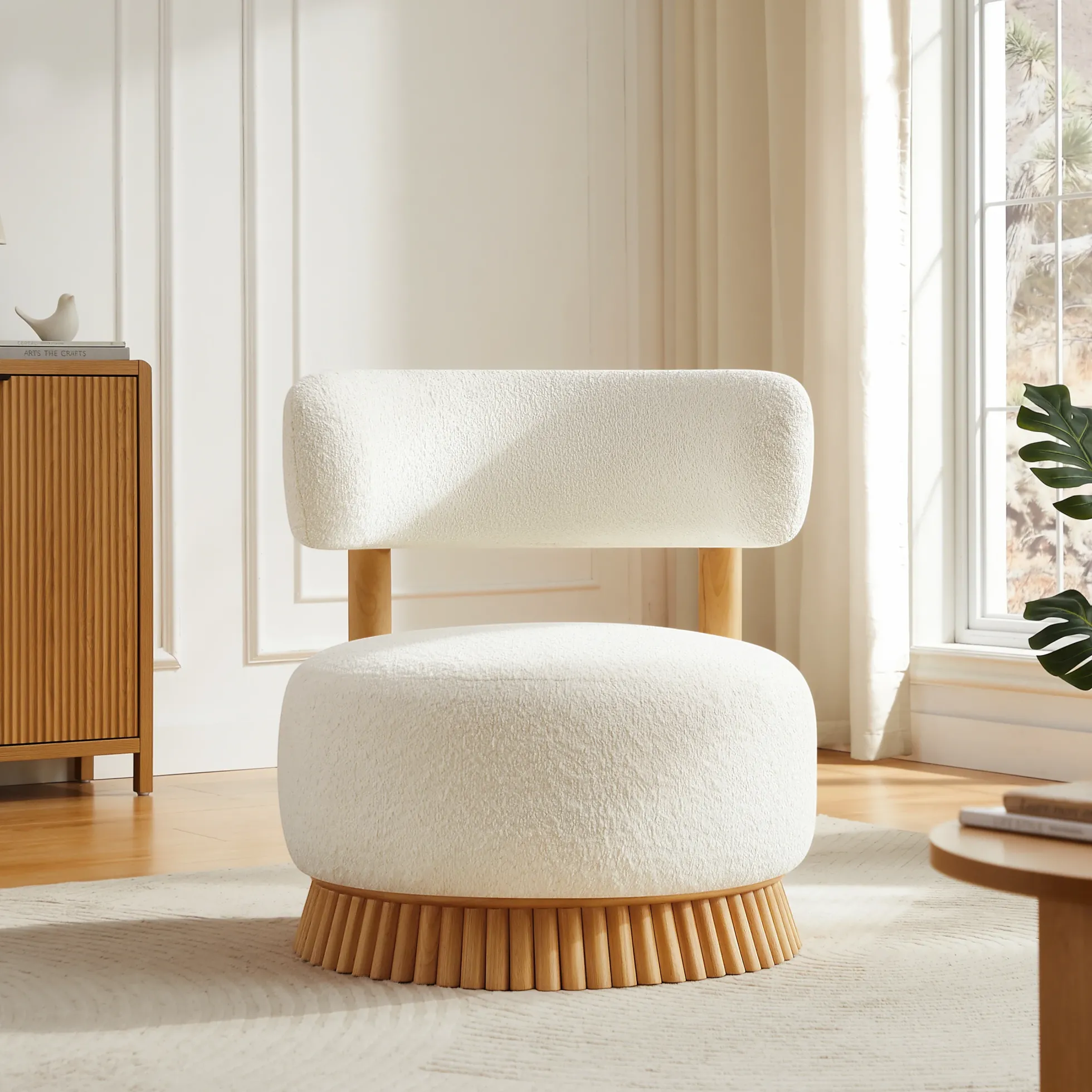 Reeded Wooden Base Curve Boucle Accent Chair Set of 2