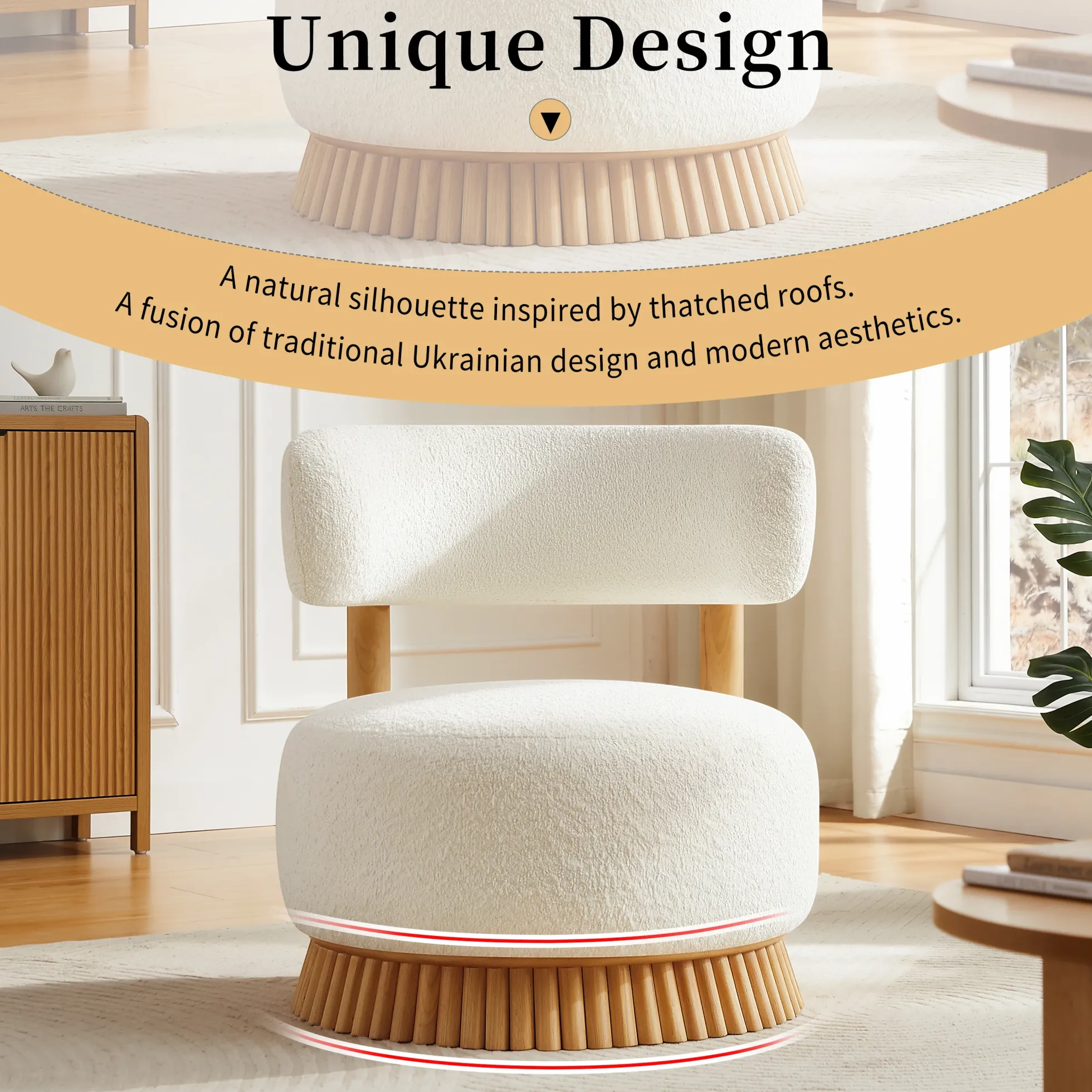 Reeded Wooden Base Curve Boucle Accent Chair Set of 2